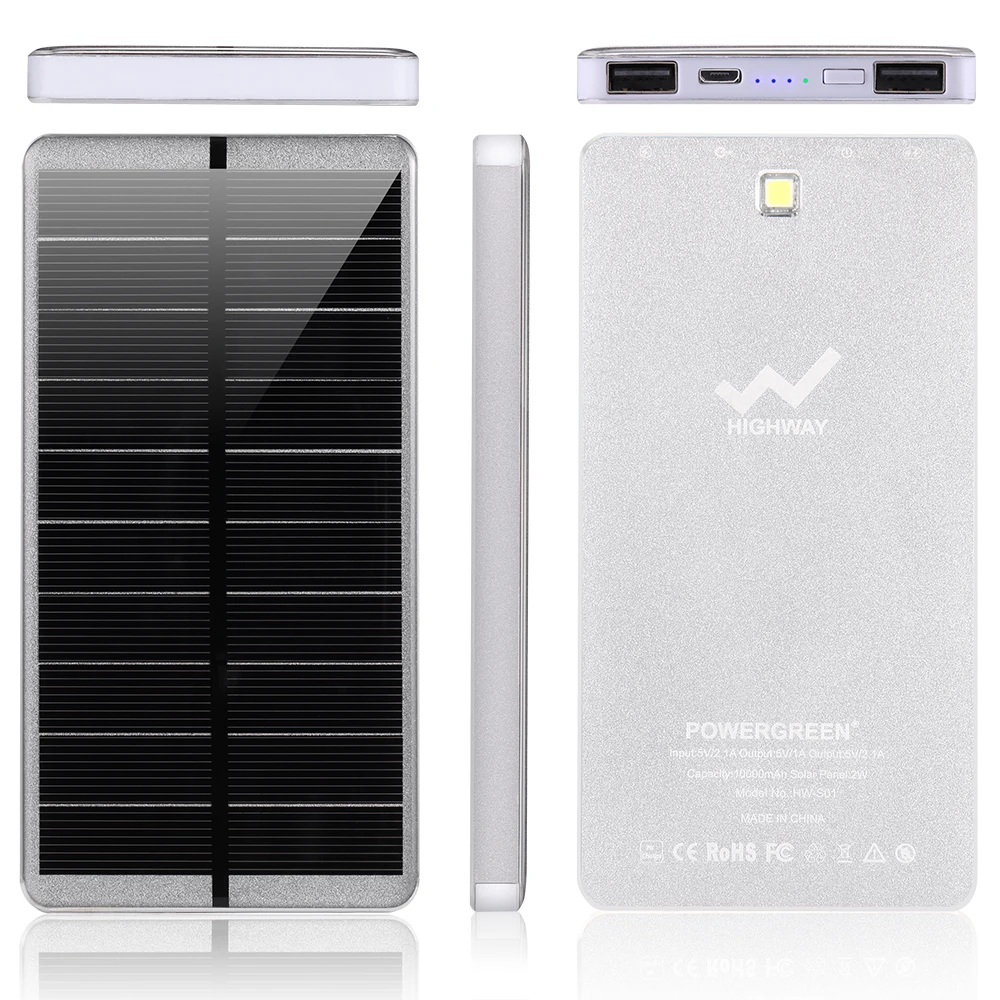 PowerGreen 비상 지휘권 은행 빛 디자인 USB 외부 충전기 10000mAh 5V 2A 이동 전화를위한 소형 태양 전지판