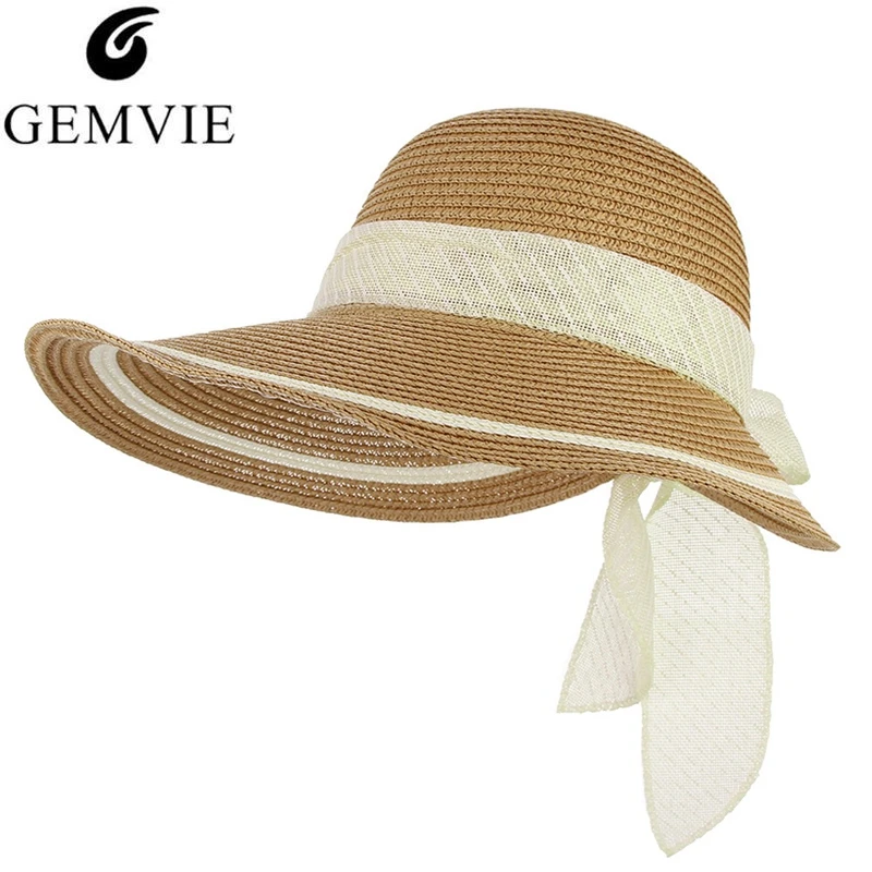 

GEMVIE 2019 New Straw Hat For Women Paper Woven Wide Brim Sun Hat Lady Trendy Ribbon Bow Beach Hat Summer Outdoor Sun Shade Hats
