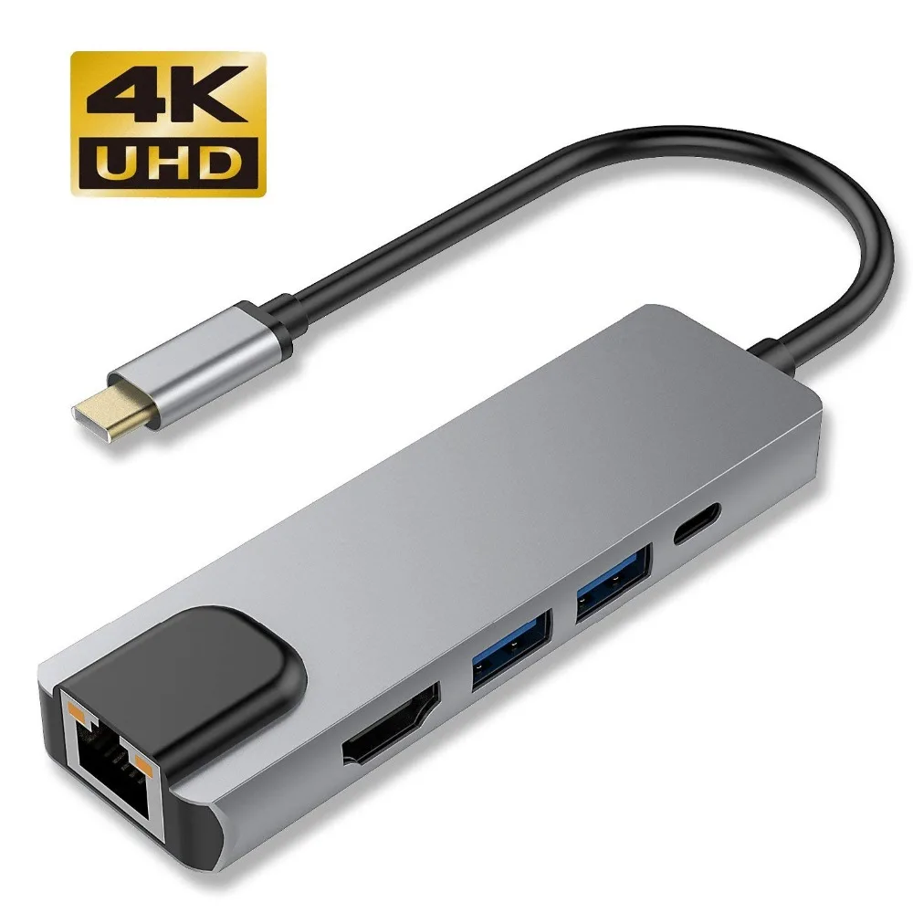 

5 in 1 USB Type C Hub Hdmi 4K USB C Hub to Gigabit Ethernet Rj45 Lan Adapter for Macbook Pro Thunderbolt 3 USB-C Charger Port