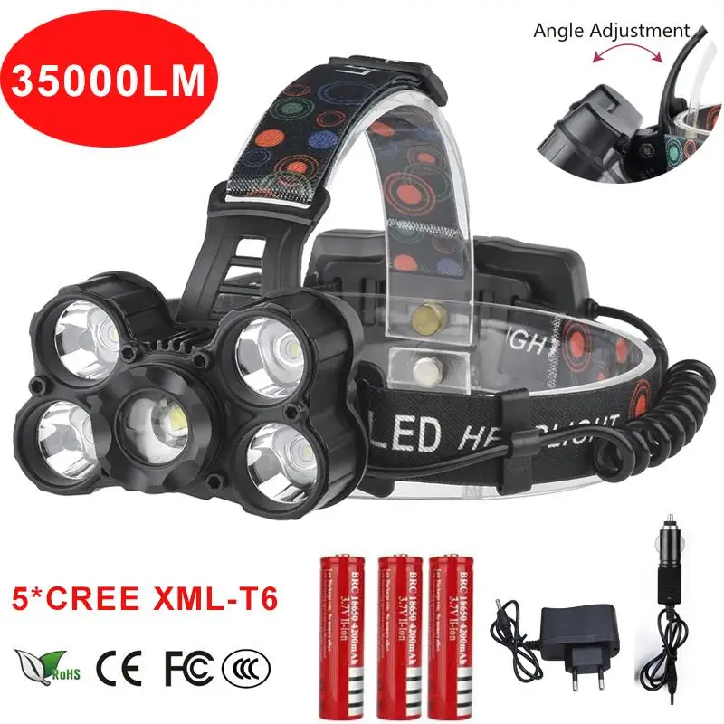 

35000 Lumen headlamp 5 Chip XM-L T6 LED Head Lamp Flashlight Torch Lanterna Headlight Headlamp with batteries AC charger