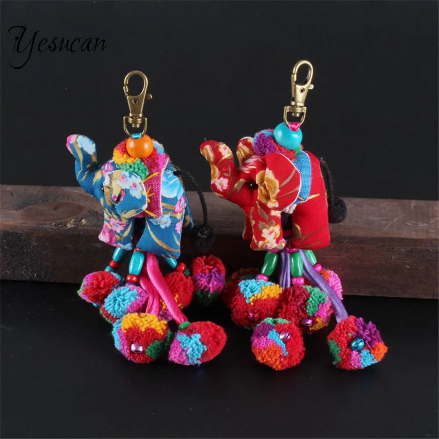 

10PCS/set Boho Colorful Elephant Keychain Ethnic Trendy Bag DIY Hairballs Key Chain Beach Charm Animal Key Ring Jewelry Gift