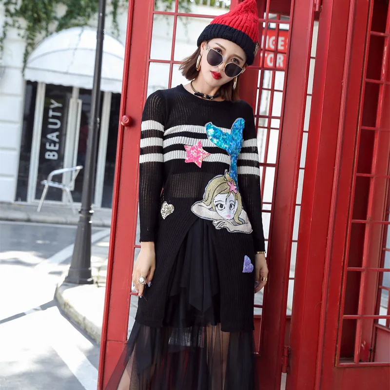 

2018 autumn new Thai street fashion black beauty ladies sweater skirt female long section mesh stitching sweater long sleeve