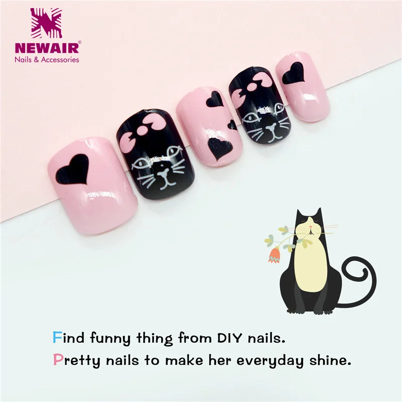 

24pcs Sweet Cat False Nail Tips Cartoon Short Fake Nails Art Women Children Acrylic Cute Animals Patterns New
