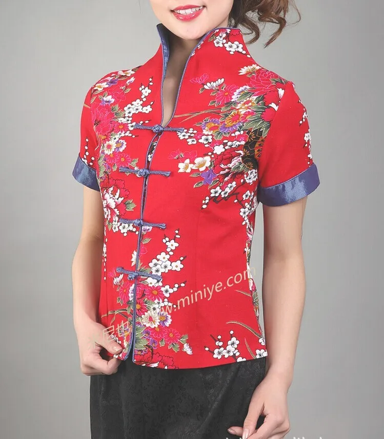 Новое поступление черные Винтаж китайский Для женщин хлопковая рубашка с v-образным вырезом Топ Рубашка с короткими рукавами цветок Размеры S M L XL XXL XXXL Mny-003B