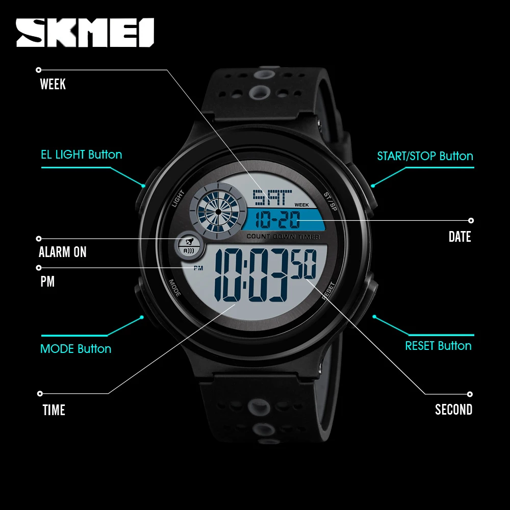 SKMEI 2 Time Sport Watch Men Chrono Stopwatch Wrist Watches For Mens Outdoor Digital Alarm Clock montre homme 1374 Hour