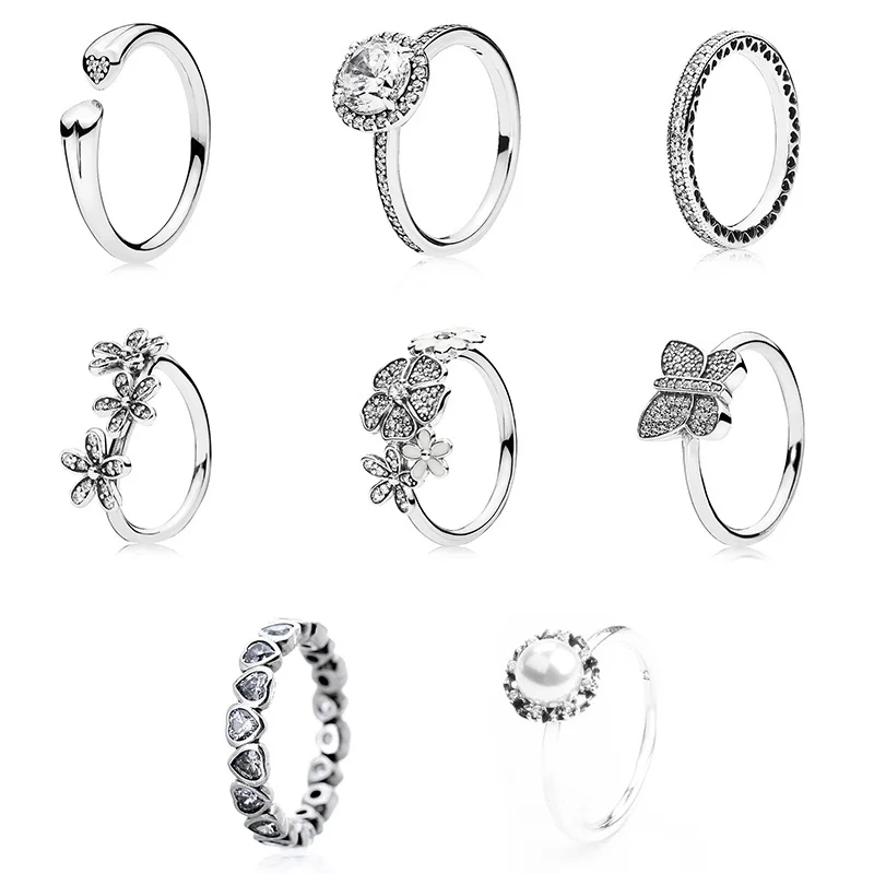 

Silver Ring Charms Cherry Blossoms With Crystal Diy Round Heart To Heart Ring For Women Pearl Jewelry 6 Size