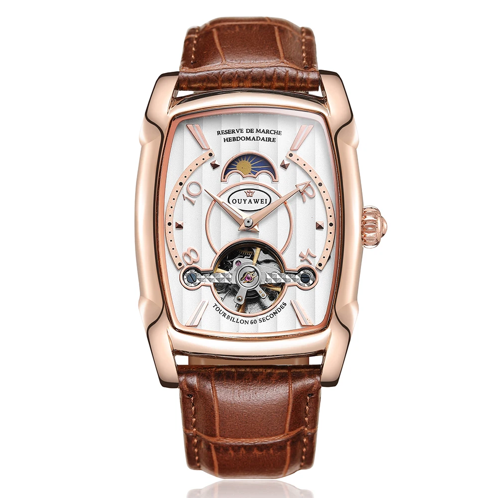 Skup OUYAWEI mężczyźni zegarki automatyczny zegarek mechaniczny luksusowe różowe złoto zegarek skórzany Retro Casual Business Relojes Hombre 2019
