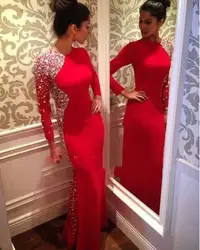 Новый Vestidos О образным вырезом длинный рукав Cystal бисером Длинные красные Выпускные платья для женщин Русалка платье