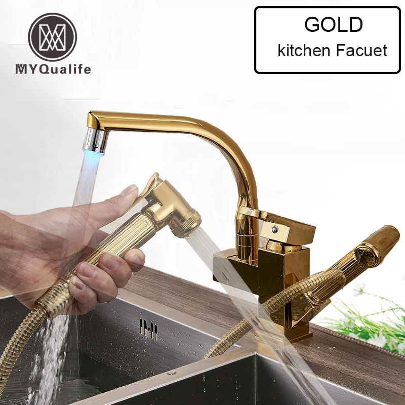 

MYQualife Gold Kitchen Faucet Mixer Tap Single Handle Two Swivel Spouts Kitchen Hot Cold Water Tap Pull Out Flushing Spray Tap