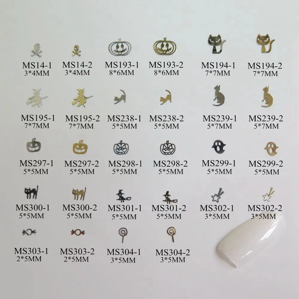 

100pcs/bag Silver/Gold Halloween Skull Pumpkin Cat Candy Witch non-adhesive Soft Metal Sticker Nail Art Decoration