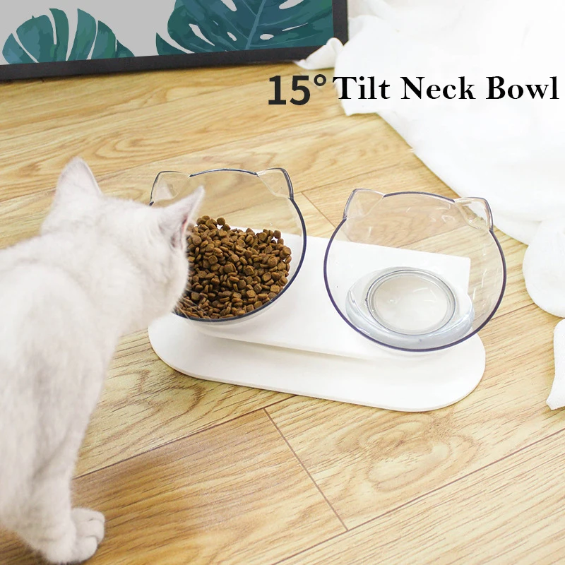 

Creative Cat Double Bowl Cat Bowl Dog Bowl Transparent ABS Material Non-slip Food Bowl With Protection Cervical Transparent Cat