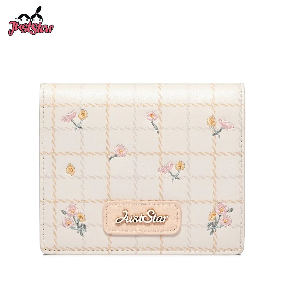 

JUST STAR Women's Leather Wallets Ladies Fashion Elegant Embroidery Flower Short Purse Female Plaid Wallet Gift Box Package
