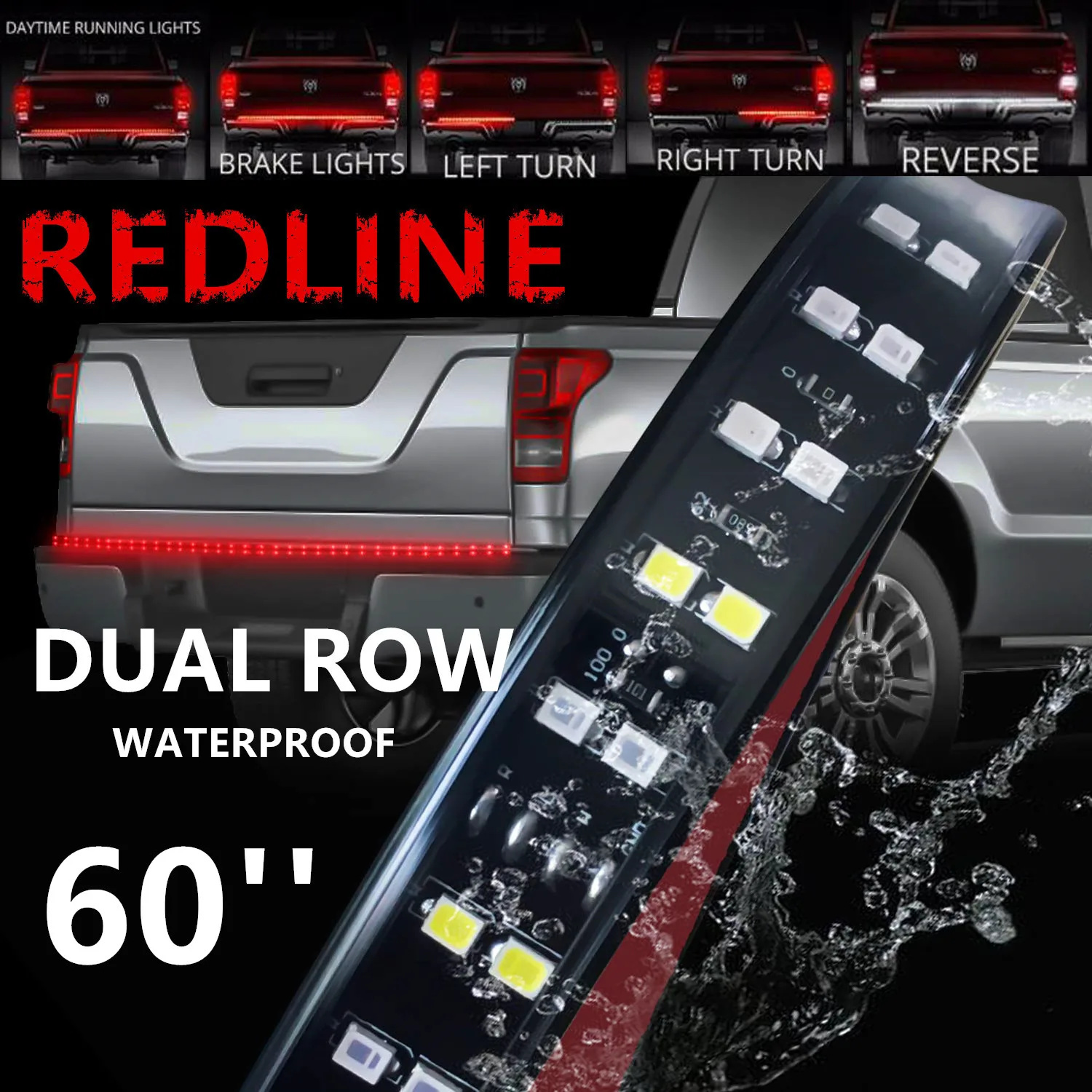 60'' Double Row LED Truck Tailgate Light Bar Strip Red/White Reverse