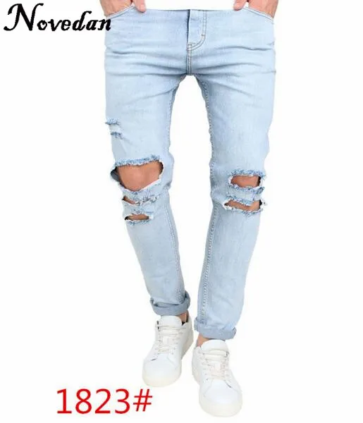 Новинка Kanye West черные рваные джинсы мужские с дырками джинсовые супер узкие брендовые узкие брюки пуш-ап джинсы Большие размеры байкерские