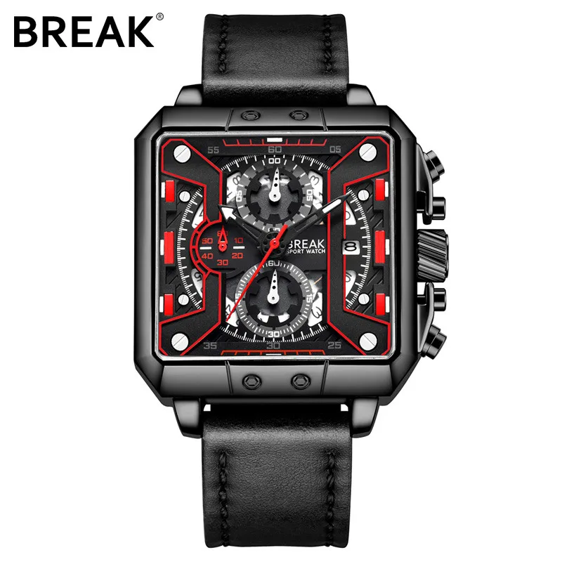 

BREAK Brand 2018 Mens Watches Gift Wristwatches for Man Relogio Masculino Quartz Sport Watches Men's Genuine Leather Chronograph