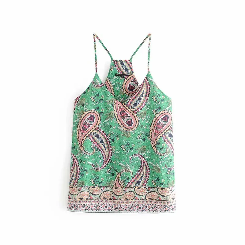 

women national style position paisley floral print green sling blouse shirt women v neck spaghetti strap femininas blusas LS3591