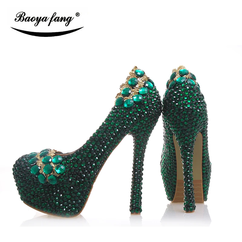 New arrival 2017 Womens Wedding shoes Green crystal high heels platform shoes Real leather insole woman party dress shoes