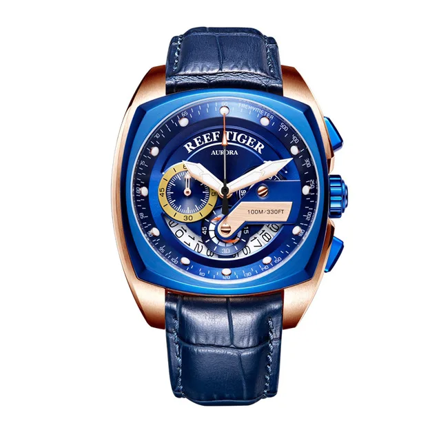 Reef Tiger RGA3363 мужские многофункциональные спортивные модные 10 бар водонепроницаемые квадратные кварцевые наручные часы с кожаным ремешком для часов - Цвет: p7