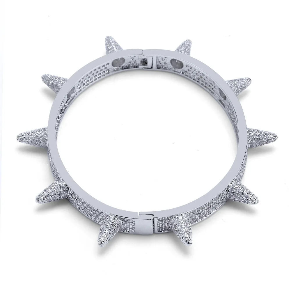 Luxury Iced Out Bling Cubic Zircon Hip Hop Rose Gold Silver Rivet Bracelets Spike Bangles Gifts for Men Women