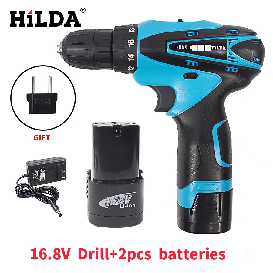 

HILDA 16.8V Cordless Screwdriver 2pcs Lithium Battery Two-Speed Rechargeable Waterproof Hand LED Light Electric Drill