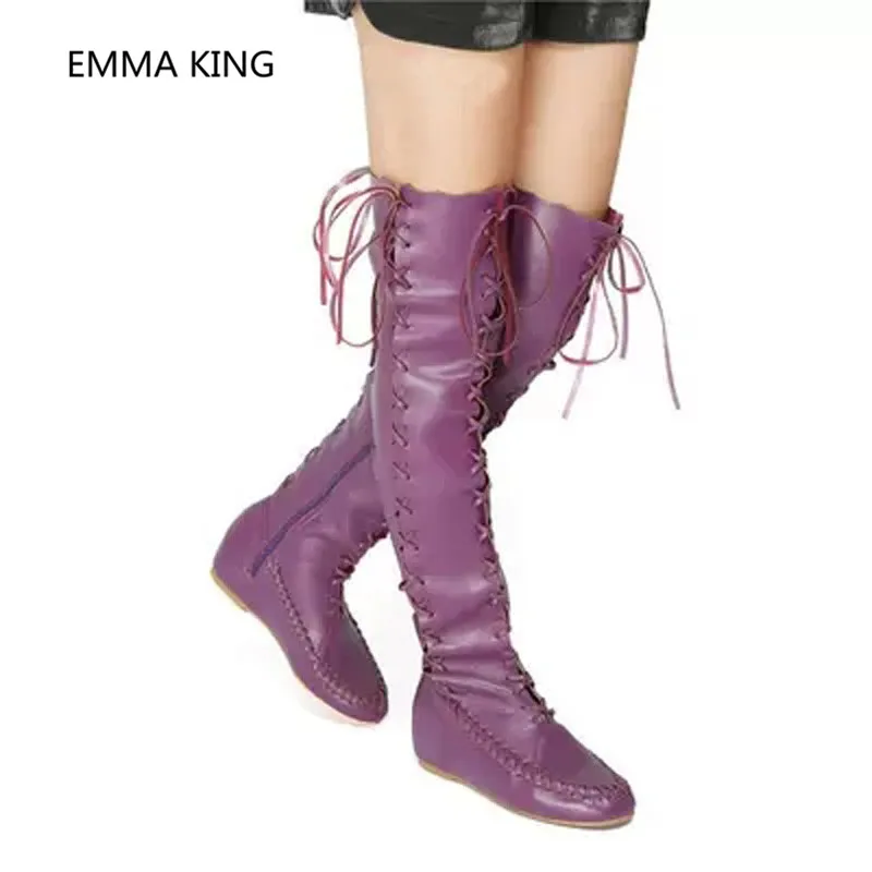 

Rome Style Cross-Tied Women Over The Knee Boots Round Toe Height Increasing Lady Winter Wedges Shoes New Mujer Purple Long Boots