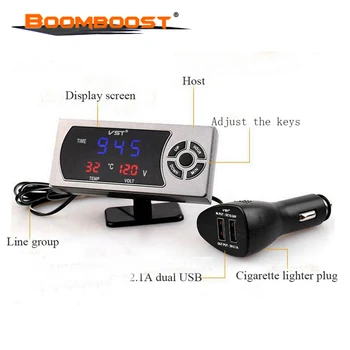 

2.1A dual USB LED screen display clock voltmeter thermometer temperature 4 in 1 car charger Cigarette Lighter Adapter