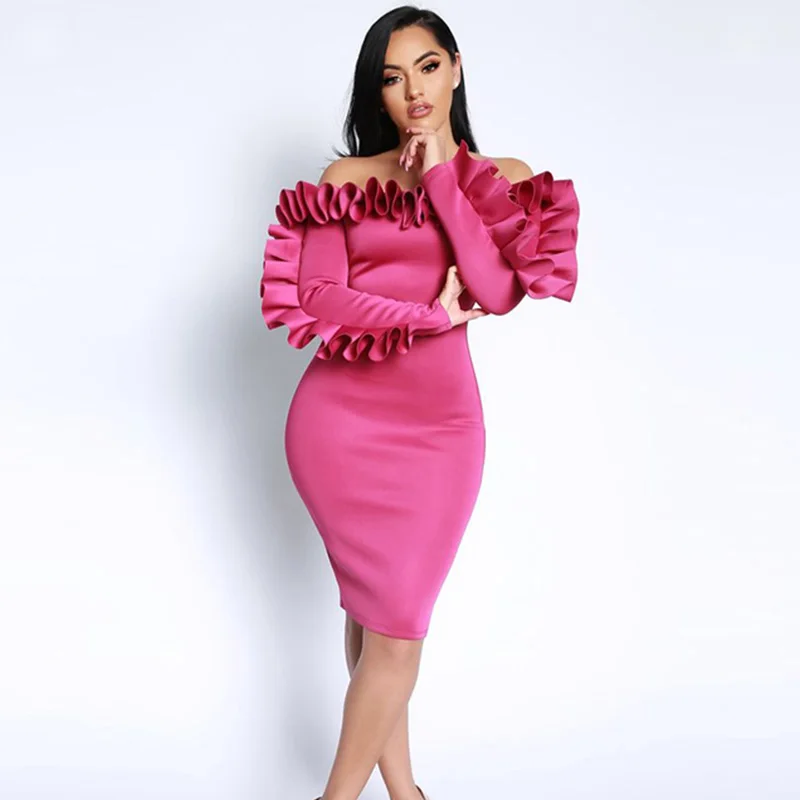 Vestido de fiesta con volantes y hombros descubiertos a la moda de la calle para Mujer Sexy Rosa manga larga vestido ceñido al cuerpo para Club Ropa Mujer XXL