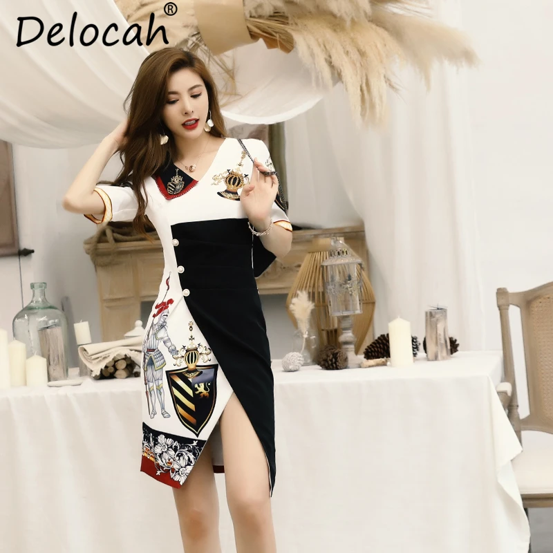 

Delocah Summer Dress Fashion Runway Women's V-Neck Beading Character Print Split Elegant Casual Holiday Asymmetrical Short Dress