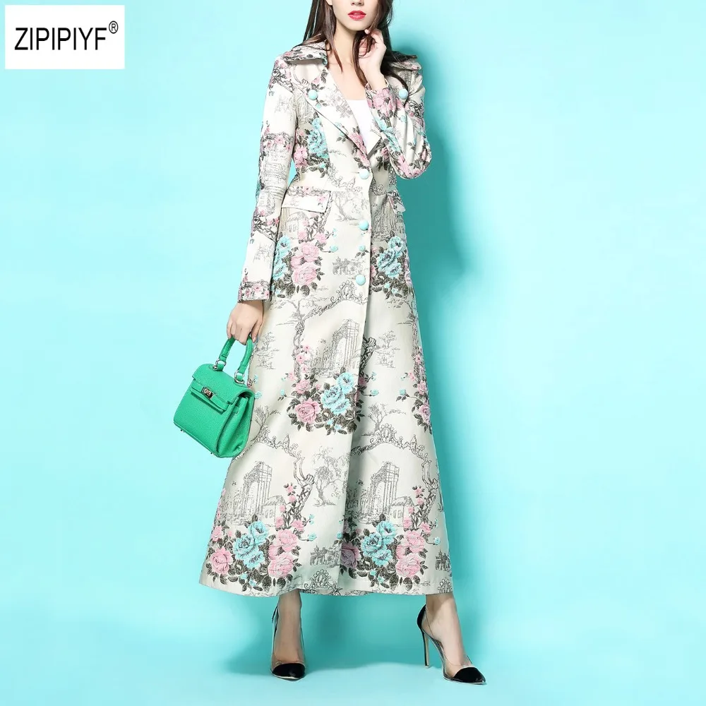 

Top Grade New Long Coats 2017 Autumn Spring Women Notched Single Breasted 3D Jacquard Vintage Embroidery Trench Outerwear B1131