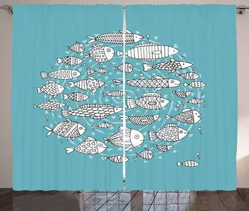

Doodle Curtains Baby Fish Community Swimming in The Ocean Kids Nursery Playroom Cartoon Living Room Bedroom Window Drapes Pale