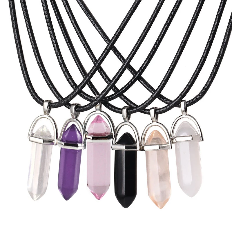 Coluna Hexagonal Optal Turquoises Naturais de Cristal Pedra de Vidro Colar de Pingente de Cadeias De Couro Gargantilha Colar Para Mulheres Presente