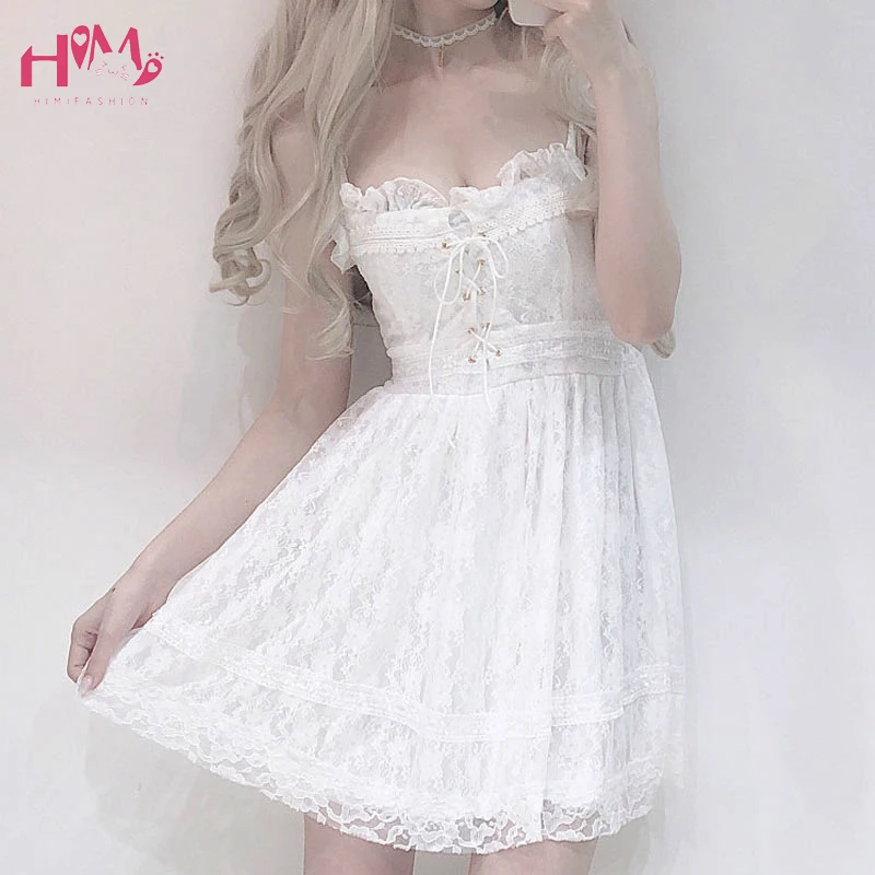 

Japanese Summer Women Sexy White Lace Spaghetti Strap Dress High Waist Hollow Out Cross Bandage Backless Mini Dress Evening Club