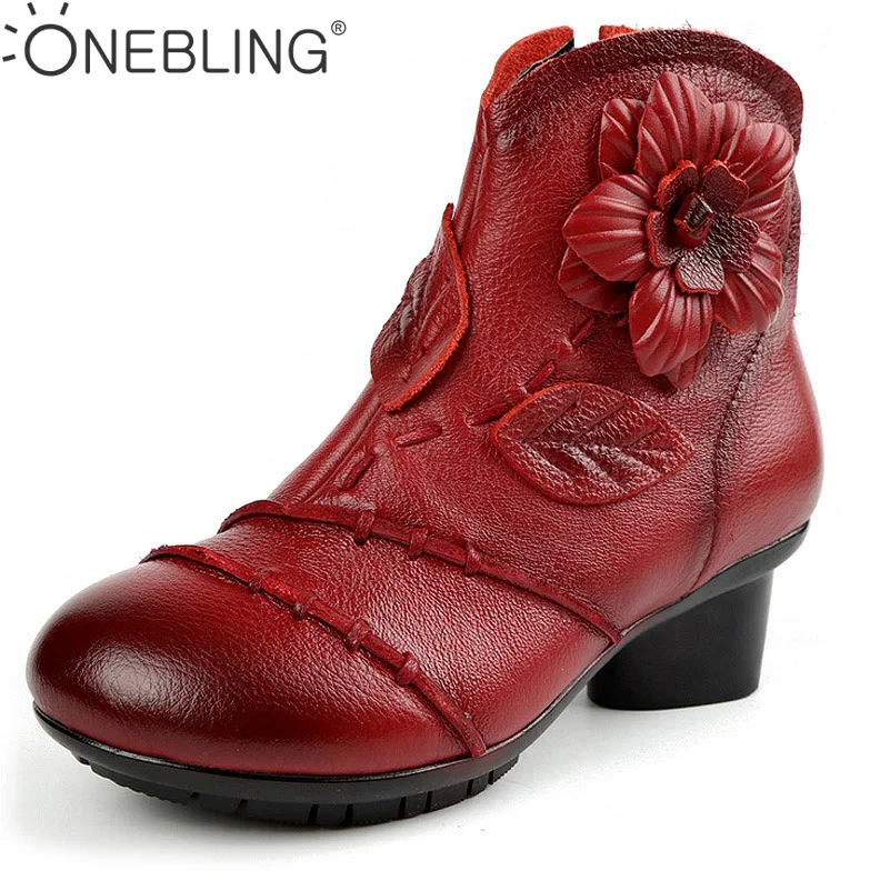 

Retro Genuine Leather Flower Decoration Women Boots Spring Autumn Fashion Breathable High Heel Ankle Boots Short Boots