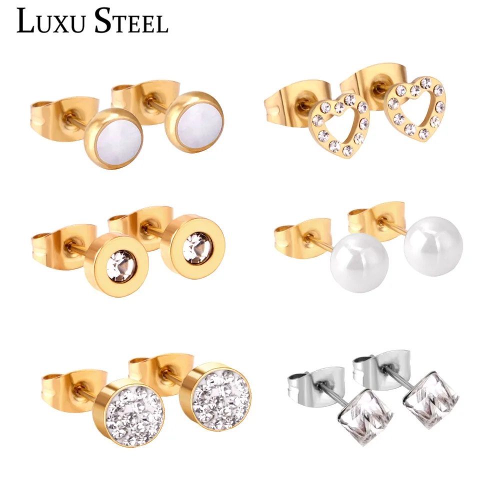 LUXUSTEEL Stainless Steel Push Back 6pairs/Box Earring Set Cubic