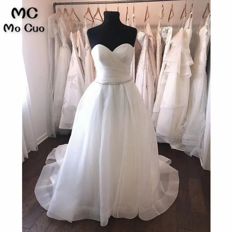 2018 Элегантные линии Свадебные платья Длинные Милая Robe de mariage Плиссированное платье с украшением из органзы Vestido de noiva Свадебные платья