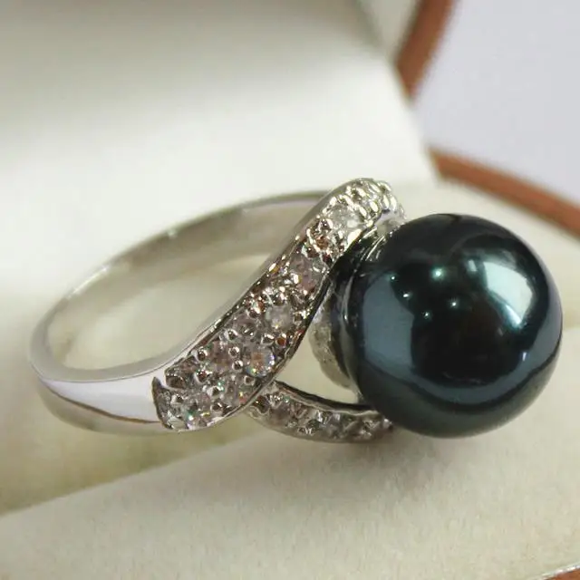 

lady's silver plated with crystal decorated &12mm black shell pearl ring(#7 8 9 10)