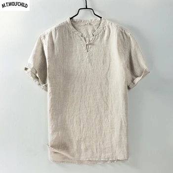 

Fashion Chinese style 2018 V-neck Men's short sleeve 100% linen shirts loose casual mens shirts Comfortable mens linen shirts