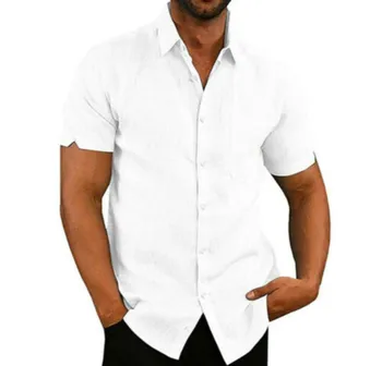 

Mens Casual Linen Short Sleeve Summer Button Down Solid Shirts Loose Soft Tops Tee