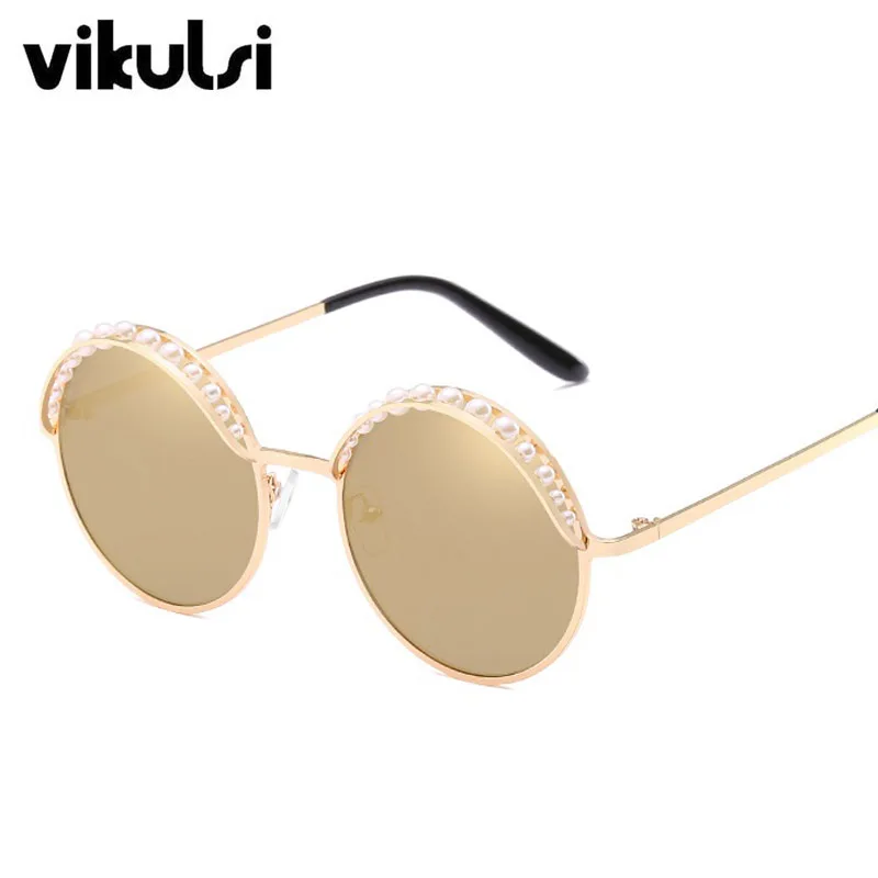 Роскошные круглые солнцезащитные очки с бусинами для женщин, модная оправа из сплава, брендовые дизайнерские солнцезащитные очки с жемчугом для женщин, черные оттенки, UV400, новинка - Цвет линз: D451 gold gold