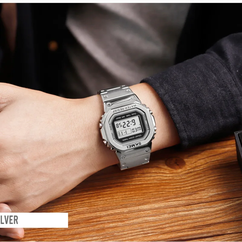 Men Watch Outdoor Sport Wristwatch Top Brand Skmei Alarm Clock Stainless Steel Countdown Digital-5
