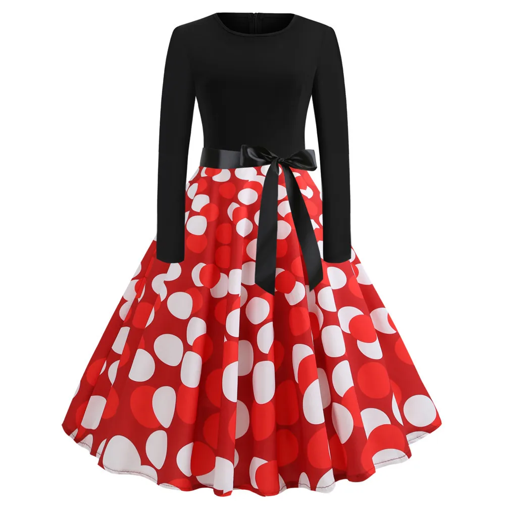 

White Dot Party Dresses Women 2019 Elegant Vintage Swing Dress 50S Winter Long Sleeve Casual Pinup Dress Plus Size Robe Pull
