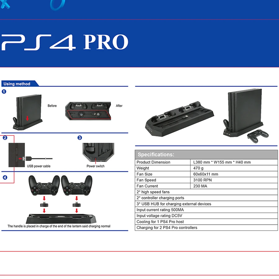 PS4 PRO Вертикальная охлаждающая подставка с двойным контроллером зарядная станция и 3 порта концентратора для sony playstation 4 PS4 PRO консоль