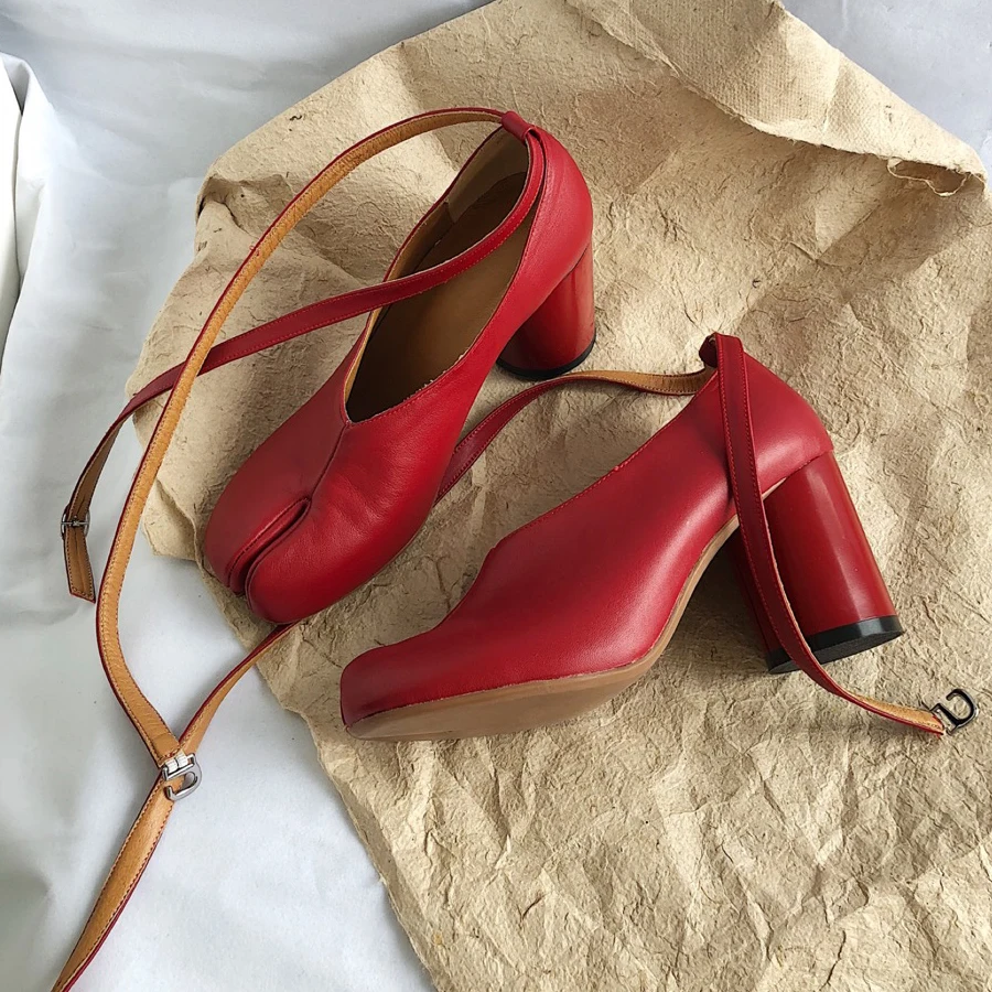 Prova Perfetto натуральная кожа ниндзя поросенок сплит-носок обувь женские туфли-лодочки устойчивый высокий каблук лодыжки ремень Пряжка Тонкие Туфли для женщин