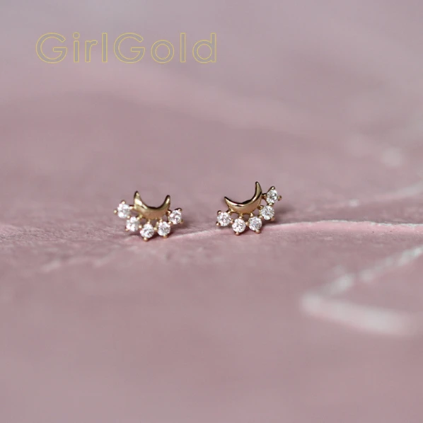 

9K Real Solid Gold Unique Stud Dainty Mini Moon Crystal Earring Jewelry Simple Minimal Victorian Vintage