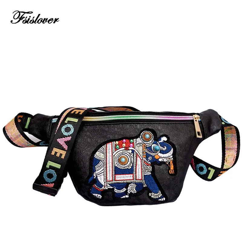 

FSISLOVER Vintage Women Embroidery Elephant Fanny Packs Waist Bags Ladies Quilted PU Leather Shoulder Bags Belt Bag Chest Bags
