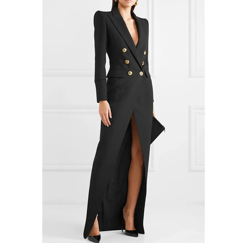 Beste Pak Jurk Voor Vrouwen 2019 Herfst Turn Down Kraag Office Lady Jurk Sexy Double Breasted Pendelen Floor Lengte Jurk