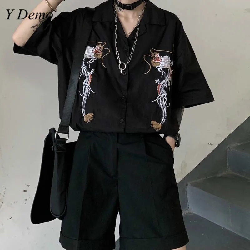 

Vintage Dragon Embroidery Shirt Collar Summer T-shirt Loose Buttons Outerwear