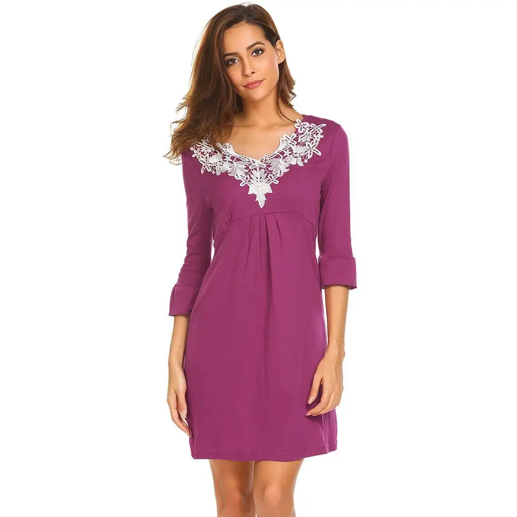 

Ekouaer Women Sleepshirts Nightgowns V-Neck Flare Sleeve Lace Trim Women Slim Fit Nightdress Casual Sleep Wear Night Dress