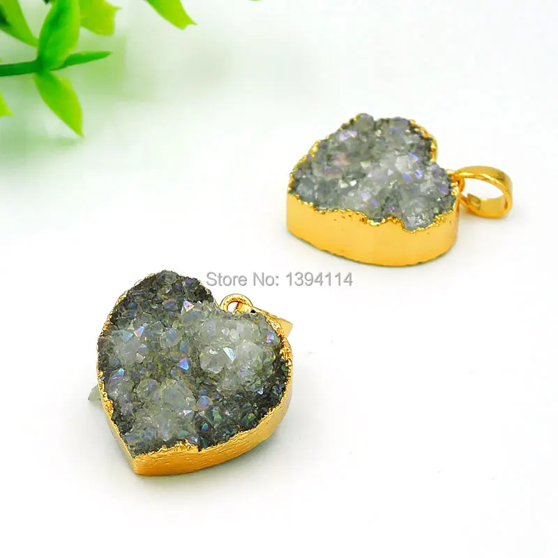 티타늄 코팅 AB 컬러 크리스탈 드루지 하트 펜던트, 측면 금도금, 약 20x20mm