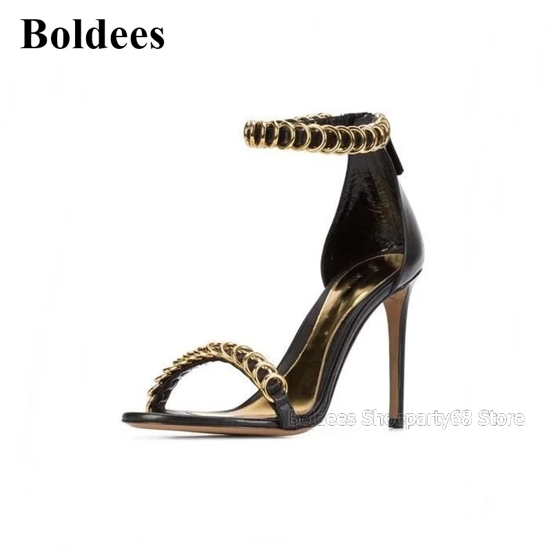 

Fashion Black Concise One Belt Strap Designer High Heel Sandals Woman Sexy Golden Circle Summer Ankle Wrap Party Dress Shoes